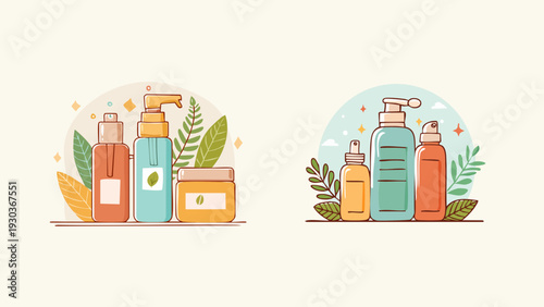 Collection of modern skincare and beauty products in elegant minimalist packaging, featuring botanical elements for a natural aesthetic