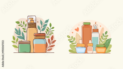 Illustrated collection of natural organic skincare and beauty products. Eco-friendly cosmetic bottles, jars, and dispensers with botanical leaves, for sustainable self-care