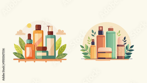 Collection of Various Cosmetic Products and Skincare Items Arranged on Shelves with Natural Elements
