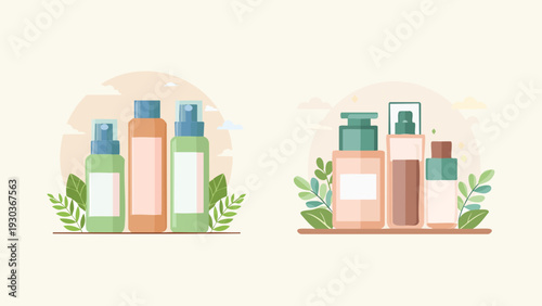 Minimalist flat vector illustration of natural skincare cosmetic bottles and packaging with fresh green leaves, representing a healthy beauty routine and clean wellness products