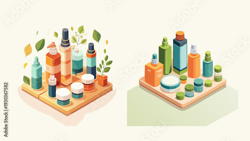 Collection of Skincare and Cosmetic Bottles Displayed on Wooden Trays, Featuring Various Shapes and Colors