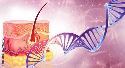 A detailed 3D medical visualization showcasing human skin layers and hair follicle structures intertwined with a glowing double-helix DNA strand to represent genetic dermatological coding