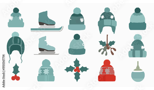 Cartoon winter knitted hats with pom pom and snowflakes vector sticker set