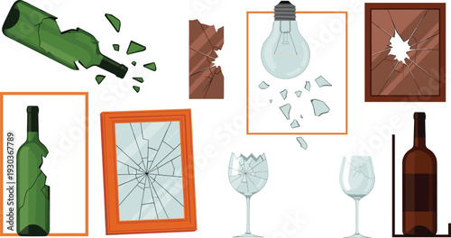 Comprehensive Shattered Glass and Broken Object Set Featuring Smashed Bottles Cracked Mirrors and Fractured Lightbulbs for Conceptual Graphic Design