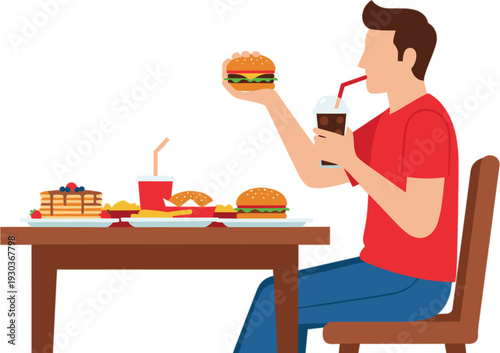 Man Eating Fast Food Burger and Drinking Soda at Table with Unhealthy Meal Illustration