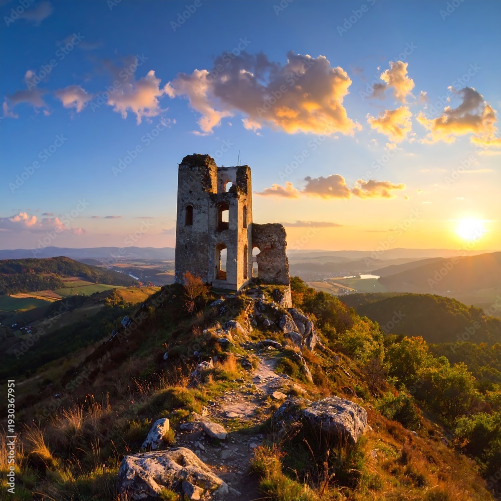 Fototapeta premium Ancient stone structure on a hill at sunset
