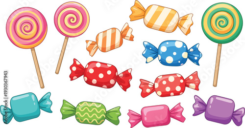 Vibrant Candy and Swirl Lollipop Collection Featuring Colorful Wrapped Treats and Hard Candies for Confectionery Branding and Party Design