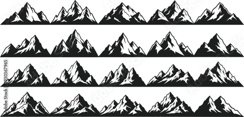 Black Mountain Range Silhouette Collection with Snowy Peaks and Alpine Landscape Vector Illustration Set