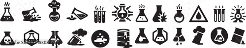 Universal Chemical Hazard Icon Set – 24 Minimalist Black Toxic Flask, Spill and Vapor Safety Pictograms (Flat Vector, ISO Style)
