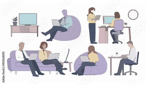 Business People Remote Work Set Laptop Employees Sitting and Standing Vector
