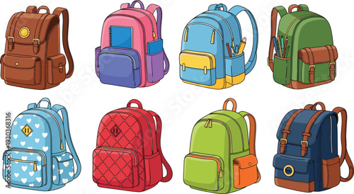 Colorful school backpacks collection set, trendy student bag designs isolated on white background, education accessory illustration for kids fashion
