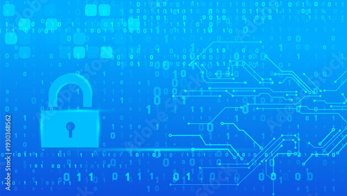 Abstract digital background illustrating cyber security. Features a glowing padlock icon, binary code, and circuit board lines on a blue backdrop.