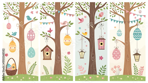 Whimsical easter trees adorned with colorful decorated eggs birdhouses and lanterns set against a soft pastel
