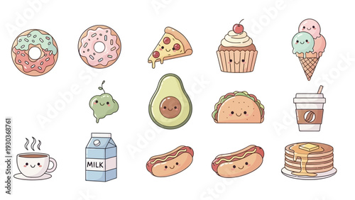 Assorted Cartoon Food Items with Smiling Faces.