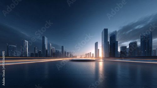 technology background of city skyscrapers on a circuit board