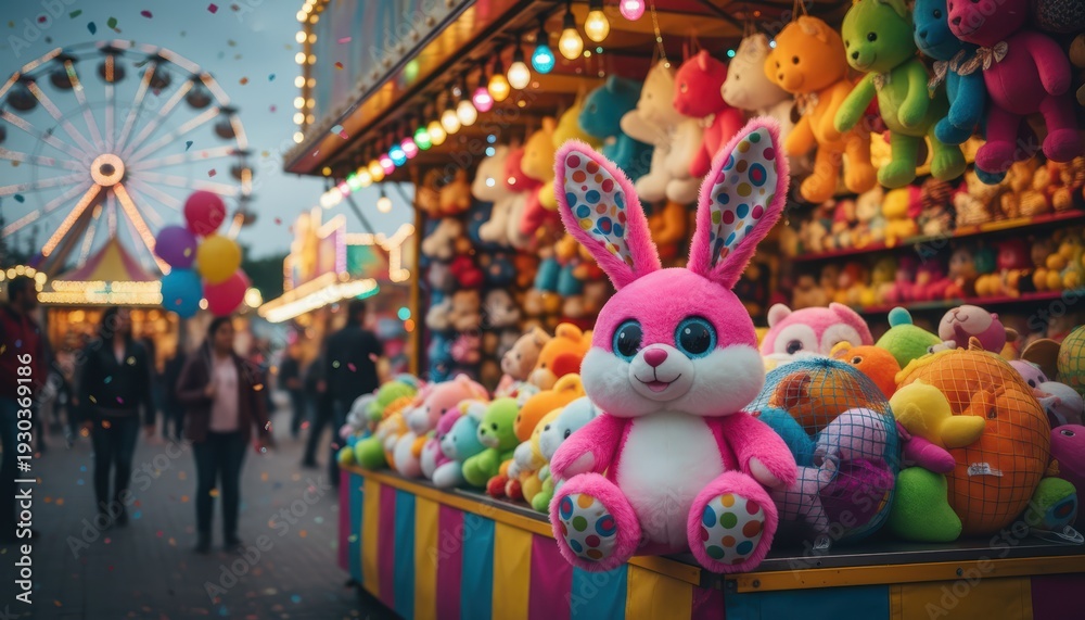 Fototapeta premium Colorful Carnival Scene Featuring Pink Plush Bunny and Vibrant Stuffed Animals at Fairground
