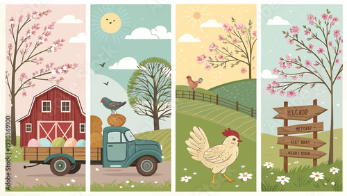 Charming vintage farm scene with red barn truck and chickens celebrating spring and easter set against rolling hills