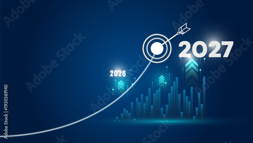 Concept of business growth and future goals for 2027. Arrow hitting a target with a financial chart showing progress from 2026. Ideal for strategy.