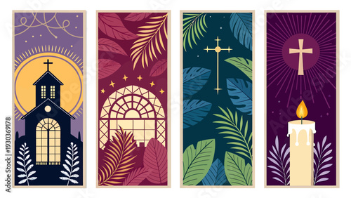 Set of four vertical banners featuring religious symbols and motifs including a church silhouette stained glass window