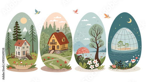 Whimsical easter eggs creatively depict charming miniature landscapes with cozy houses lush forests serene water scenes