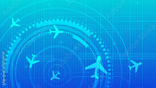 Abstract illustration of airplanes on a futuristic radar screen. Concept for air traffic control, global travel, aviation technology, and logistics.