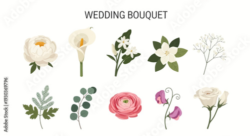 Collection of ten illustrated floral elements for wedding bouquets on a white background