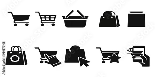 A vector set of shopping icons featuring cart, basket, and bag symbols for retail business web and internet sale illustrations