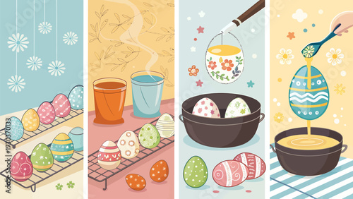 Joyful easter egg decorating process showing colorful painted eggs drying and being dipped in dye celebrating spring
