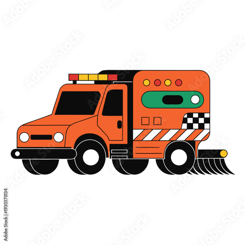 A cartoon orange snowplow truck with a green windshield and lights on top
