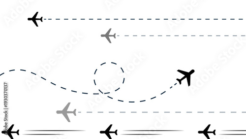A collection of airplane icons with various flight paths, including straight, curved, and looping dotted lines. A concept for travel, routes, and destinations.