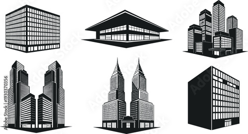 Modern city buildings silhouettes set, black and white vector illustration of skyscrapers and offices isolated on white background