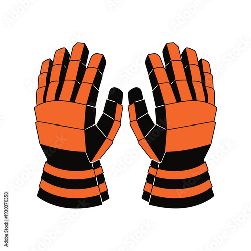 A pair of orange and black gloves