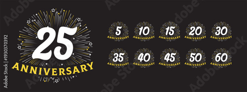 Set of anniversary celebration logos with festive fireworks design. Includes numbers 5, 10, 15, 20, 25, 30, 35, 40, 45, 50, 60. Vector graphic for jubilee or milestone events.