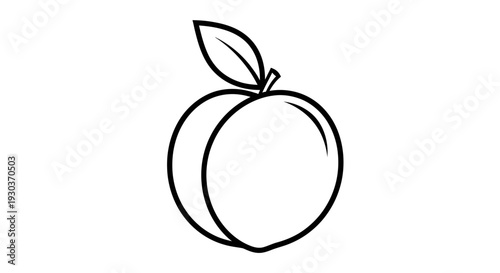 Black and white illustration of a ripe peach with a single leaf