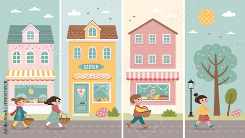 Charming cartoon children walk past colorful whimsical storefronts on a bright sunny day evoking a sense of community