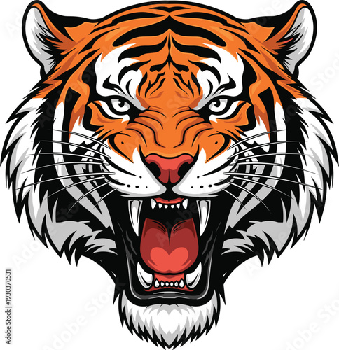 Roaring tiger mascot head vector illustration, fierce orange striped tiger with glowing blue eyes and red mouth for sports gaming tattoo gym logo designs