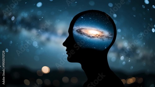 Cosmic Dreamer Silhouette with Galaxy Inside Head in Night Sky