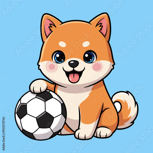 Adorable shiba inu puppy playing with a soccer ball bright blue background cartoon style happy expression chubby body playful pose vibrant orange fur white patches fluffy tail soccer concept cute