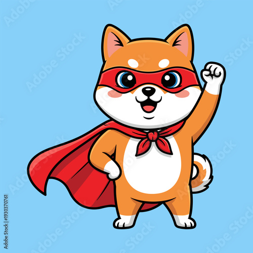 Cute cartoon shiba inu dog dressed as a superhero with a red cape and mask posing confidently on a light blue background