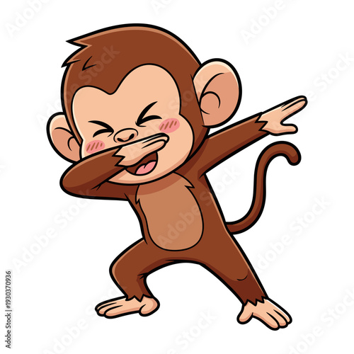 Playful cartoon monkey dancing with excitement performing dab pose expressing joy and energy isolated on white background vibrant and humorous illustration for entertainment and fun concepts