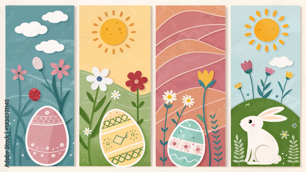 Fototapeta premium Whimsical easter celebration with decorated eggs blooming flowers and a cute bunny against a pastel sunlit sky perfect