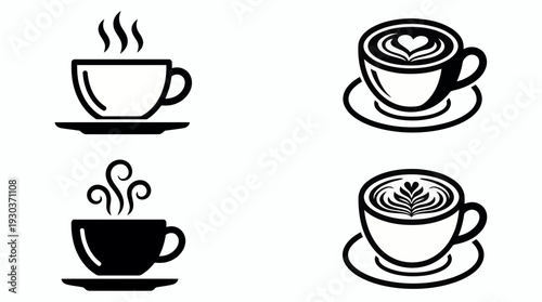 Set of various minimalist coffee cup icons with hot steam and heart latte art on white background, concept for cafe branding, restaurant menu design and creative beverage logo identity