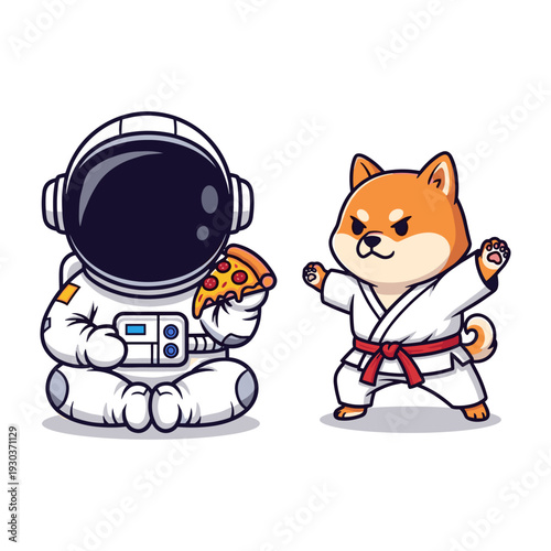 Playful illustration of a curious orange cat in astronaut suit holding pizza facing a determined shiba inu dog in martial arts pose