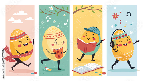 Joyful easter eggs with faces and arms enthusiastically celebrating spring holidays with vibrant colors and playful