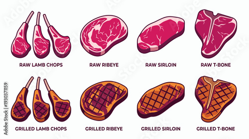 Collection of raw and grilled meat steak cuts including lamb chops, ribeye, sirloin and t-bone on white background, concept for restaurant menu design, butchery promotion and culinary education