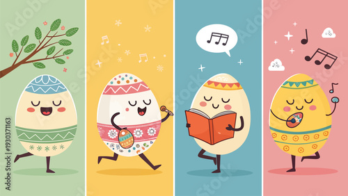 Whimsical easter eggs celebrate spring with music and reading bringing joy and festive cheer to holiday scenes