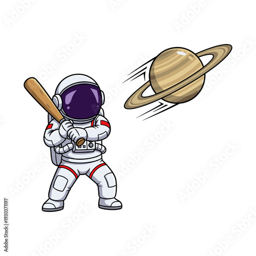 Astronaut in white spacesuit swings baseball bat aiming at saturn with a playful tone isolated on white background