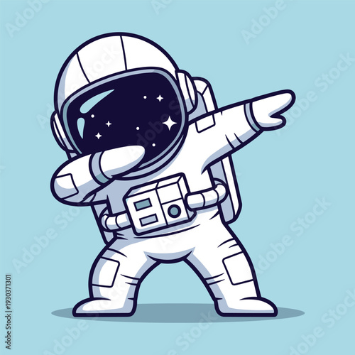 Playful astronaut in white spacesuit performing a dab pose with a joyful expression stars reflected on the helmet visor isolated on a light blue background cartoon vector illustration style dynamic