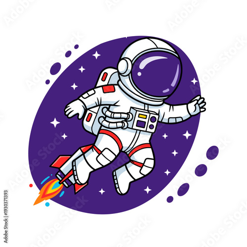 Astronaut in white spacesuit floating in purple space with rocket booster and stars in background