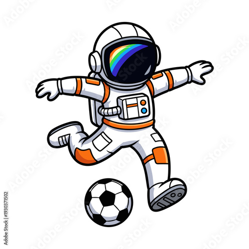 Astronaut in white and orange spacesuit kicking a soccer ball with rainbow reflection on helmet isolated on white background futuristic sport concept